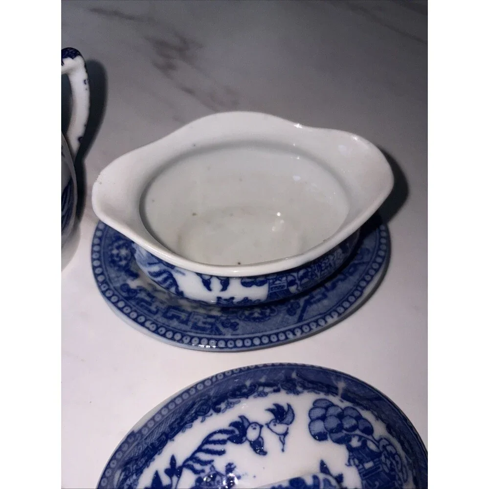 Japanese Child's Set Small Serving Pieces Blue White Ceramic